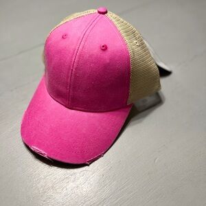 Baseball Cap Hat Womans Pink Adams Upscale Fashion Wear Distressed Look Trucker
